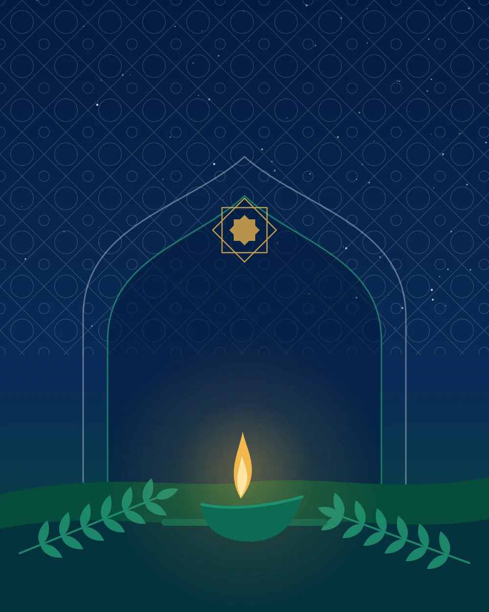 A lit oil lamp in front of a pointed arch under a starry sky, in navy and green